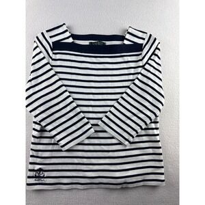 Lauren Ralph Lauren Navy White Striped Boat Neck 3/4 Sleeve Cotton Top Medium